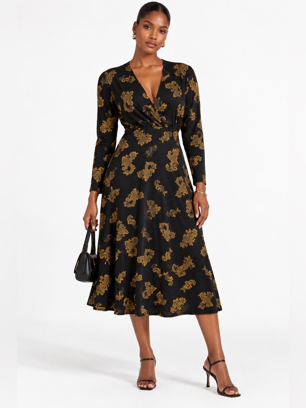 MONSOON Black & Gold Paisley Wrap Midi Dress Size US10